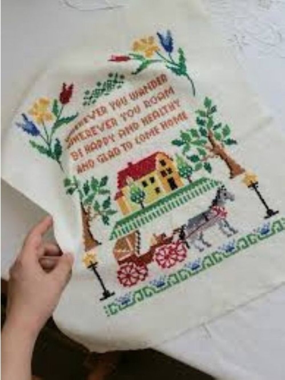 Vintage 1977 BUCILLA Needlecraft Cross-Stitch Glad To Come Home 19" x 15.5"